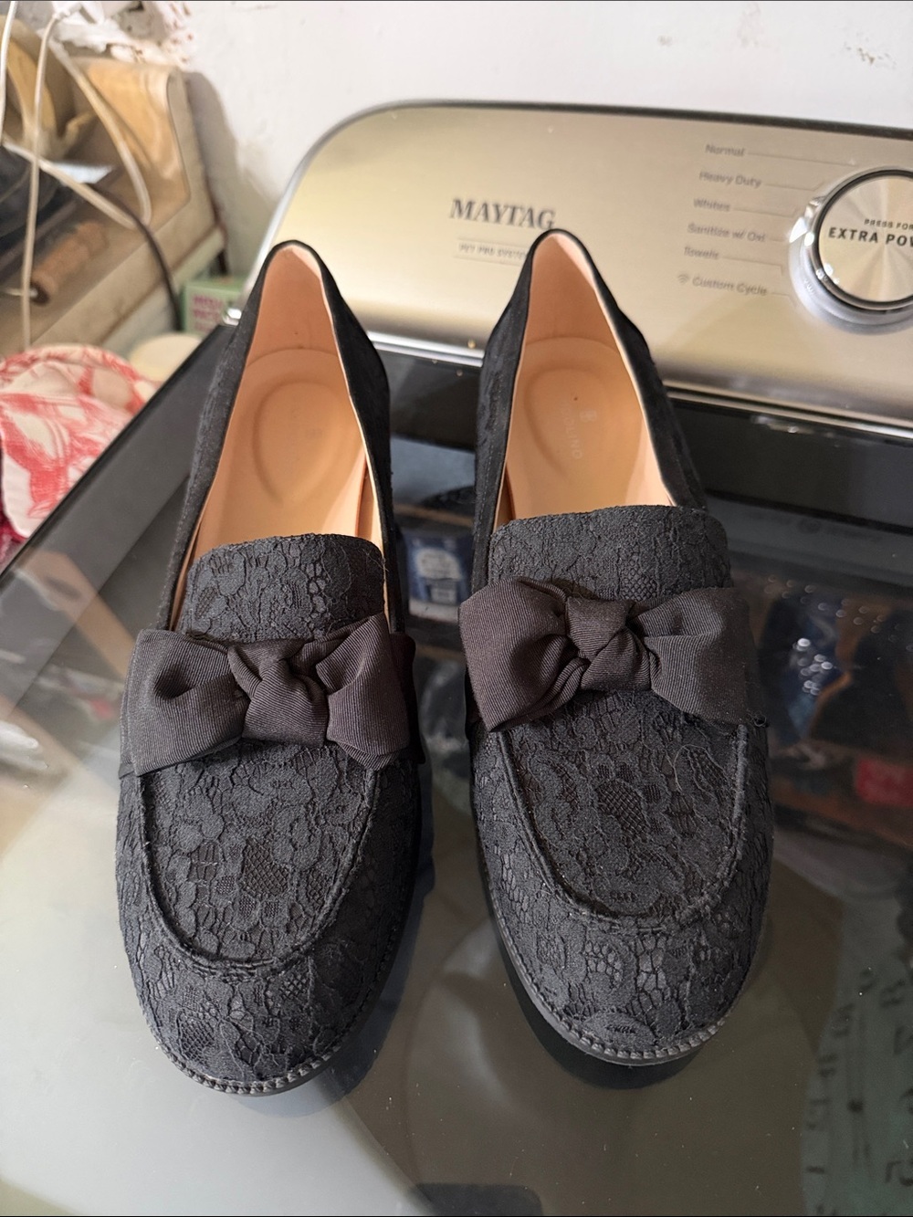 NWOB Bandolino Black Lace Bow Loafers Women's Size 12M NWOT Dress Flats